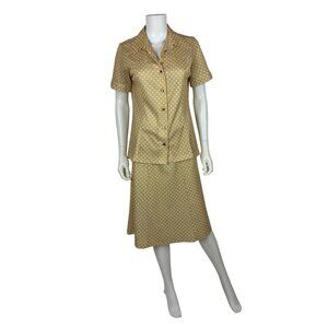 Vintage 70s Polka Dot Outfit Womens Large Tan Matching Top Skirt Set